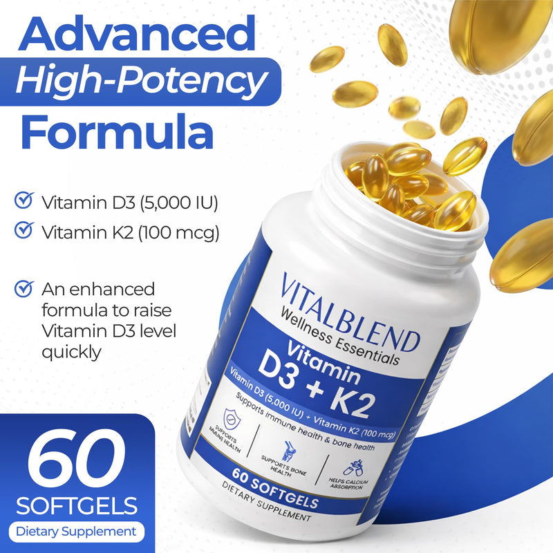 Vitamin D3 K2 Softgels, 5000 IU D3 with K2 MK-7, Bone & Heart Support Supplement – High Absorption Oil-Based Formula, Non-GMO, Sunflower Oil Softgels – 60 Count – 60 Day Supply
