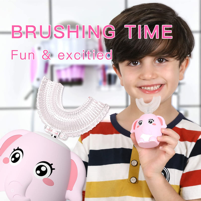 Kids Electric U Shaped Toothbrush Children Rechargeable Sonic Toothbrush with 4 Brush Heads Full Mouth 6 Cleaning Modes -(Age 8-15 Pink) Pink Elephant（ages 8-15）
