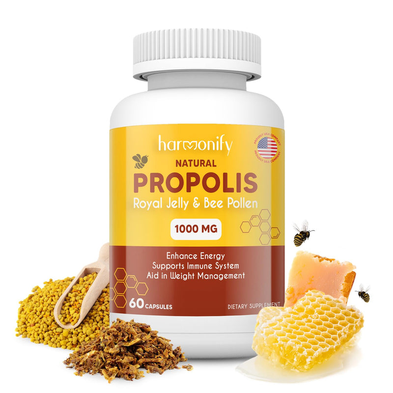 Bee Pollen Propolis Royal Jelly Extract with Carob, Pure Immune Support Supplement, Gluten-Free, Vegetarian Capsules, 1000 mg