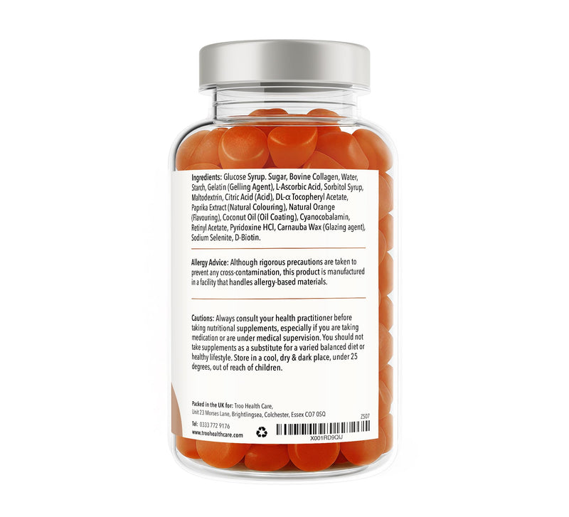 Troo Health Care Collagen Complex - 90 Natural Orange Gummies - One Per Day Hydrolysed Collagen with Biotin, Vitamin C & Selenium - Three Months Supply – Healthy Skin & Hair for Men & Women 90 count (Pack of 1)