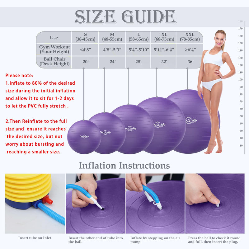 [Australia] - Soft Exercise ball, Anti-Burst Yoga Ball Chair Supports 2200lbs, Workout Equipment w/ Pump for Pregnancy Medicine Birthing Physical Therapy Stability Excersing Birth Swiss Fitness Gym Physio Labor Abs Purple S(38-45cm) 
