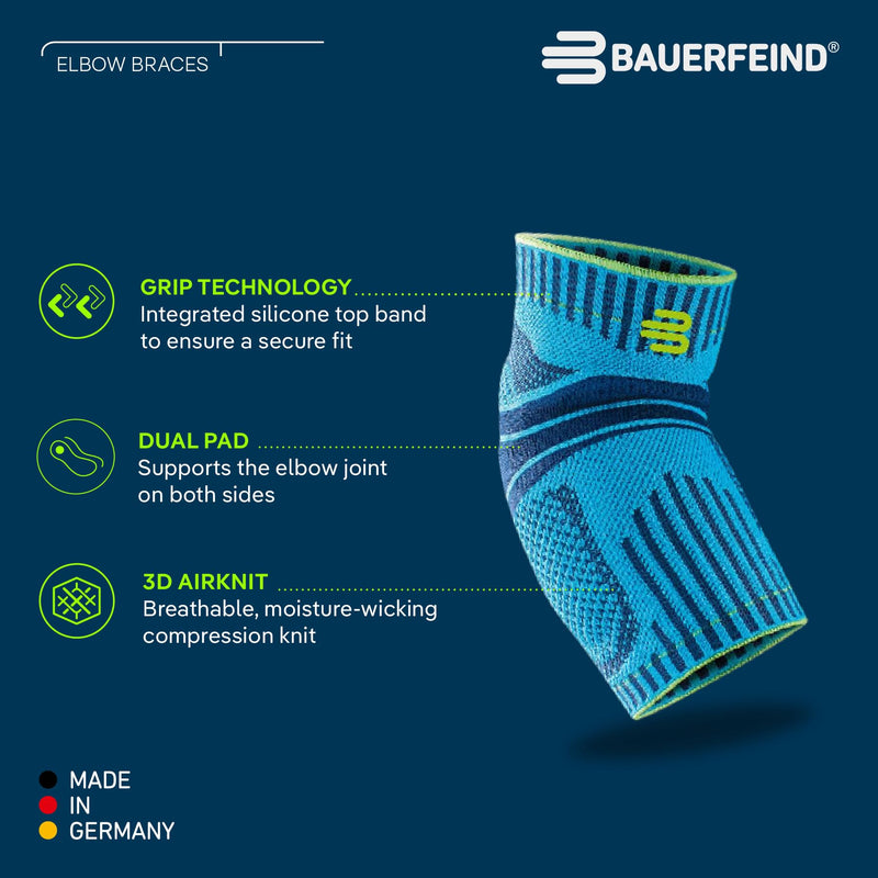 [Australia] - Bauerfeind Sports Elbow Support - Elbow Brace for Pain Relief and Support - Pads for Enhanced Comfort - Targeted Compression - Lightweight & Durable - Black/Navy, Small 
