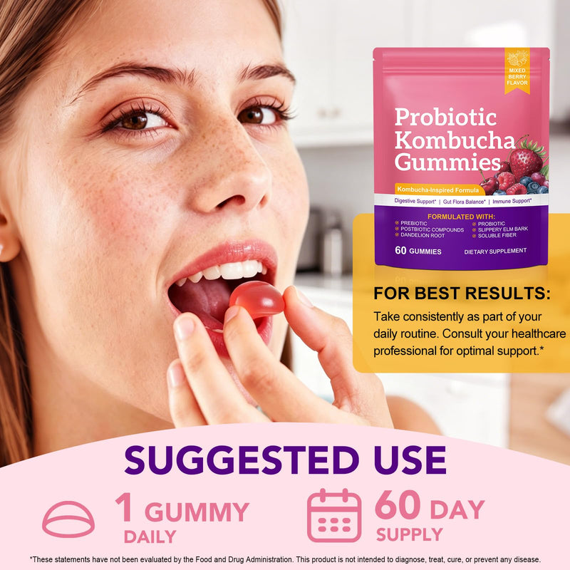 Probiotic Kombucha Gummies 60pcs - Probiotic Gummies for Daily Gut Health Support with Kombucha Extract with Prebiotics - Vegan, Non-GMO, Health Supplement for Digestion & Immunity - 60 Gummies