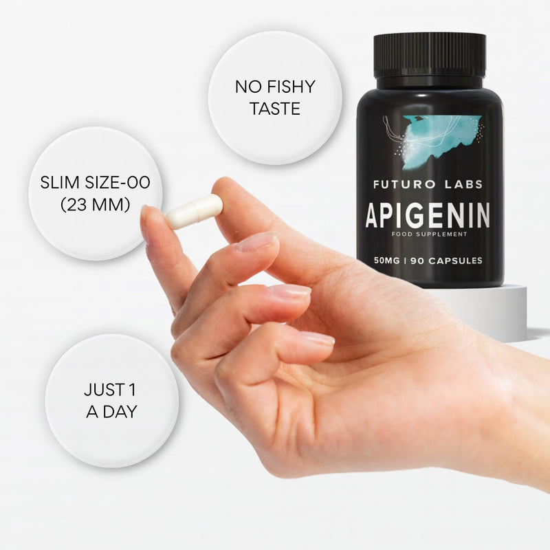 Apigenin 50mg Supplement - Optimal Dosage for Sleep & Relaxation, High Purity, UK Made, Lab Tested, Non-GMO, Natural Apigenin Supplement, 98%+ Purity- (90 Caps/90 Day Supply)