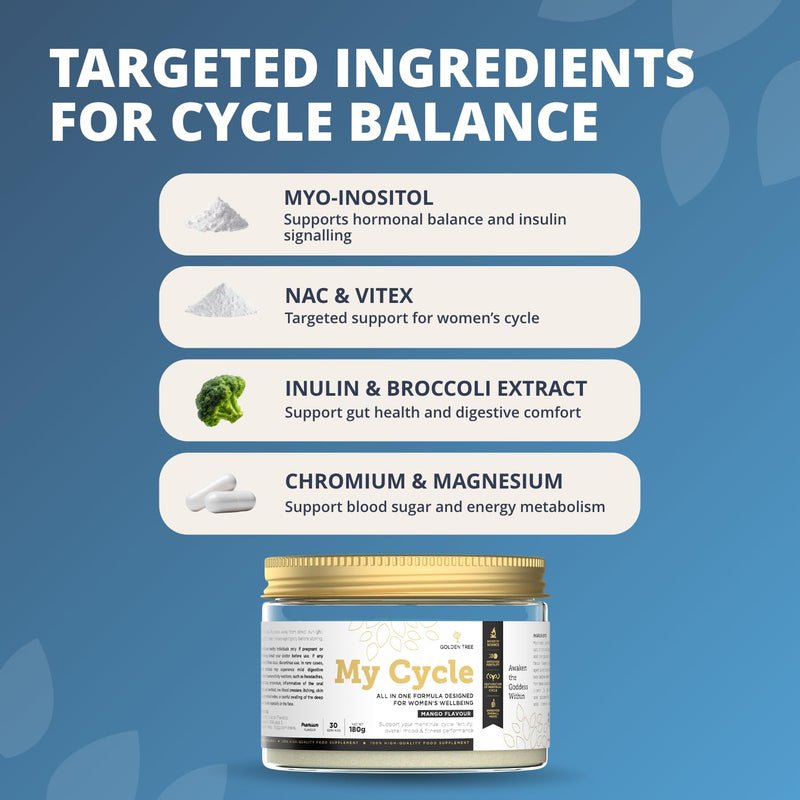 Golden Tree My Cycle Mango – Myo-Inositol Powder with Inulin, NAC, Folic Acid, Zinc, Magnesium & Chromium – Inositol Powder for Women, 180 g (30 Servings) Pack of 1