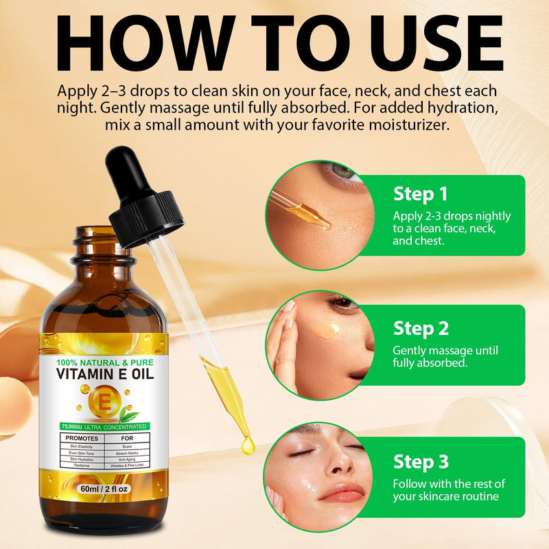 Meifenla Vitamin E Oil for Skin,75,000 IU Pure Vitamin E Oil for Face, Hair,Nail & Body Tightening Plump Skin,Reduce Fine Lines & Scars,Non-GMO 2 Fl Oz (Pack of 1) Golden
