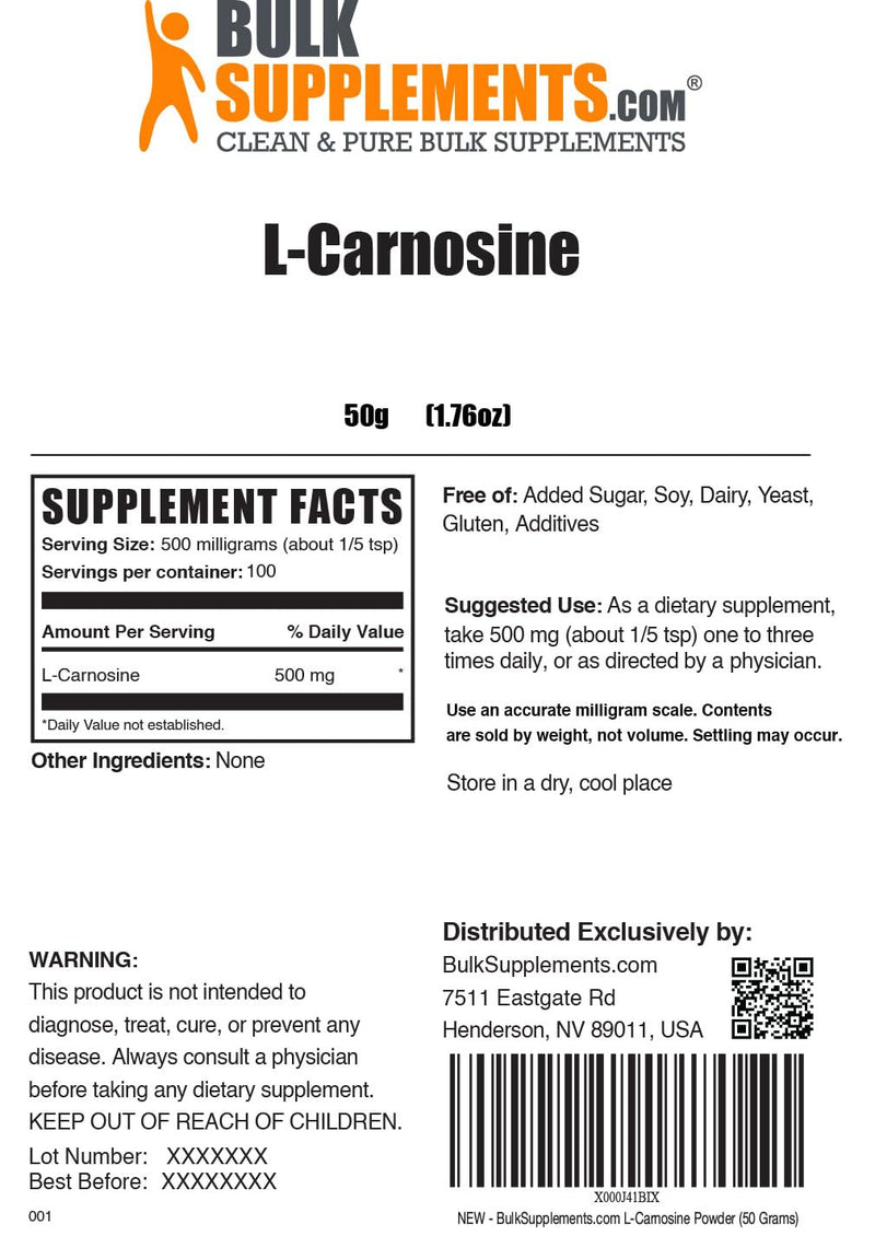 BulkSupplements.com L-Carnosine Powder - Carnosine Supplement, Carnosine 500mg - Amino Acid Supplement, Gluten Free, 500mg per Serving, 50g (1.8 oz) (Pack of 1) 100 Servings (Pack of 1)