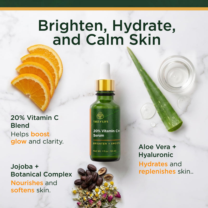 Tree of Life Vitamin C+ Serum for Face, Dark Spots Remover Face Oil, 1Fl Oz | Brightening 20% Vitamin C+ serum for face. Higher concentration face oil that targets dark spots and fine lines 1 Fl Oz (Pack of 1) 01. Vitamin C+