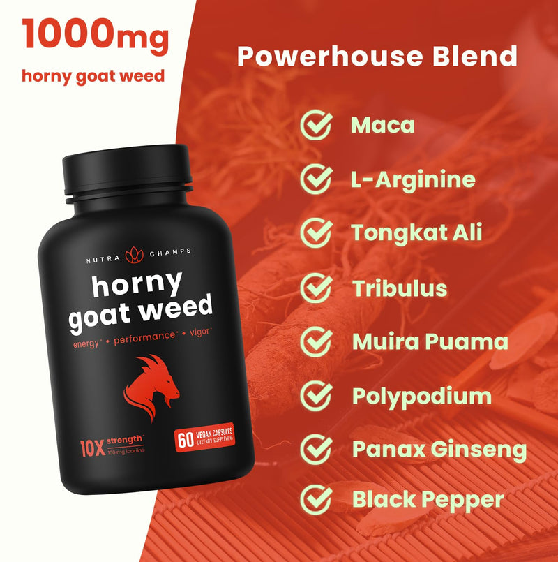 [Australia] - NutraChamps Horny Goat Weed, 1000mg Epimedium Energy Supplement, 10X Strength Icariin, Ginseng, Tribulus & Maca Pills for Women & Men, Enhanced Absorption with Black Pepper, 60 Vegan Capsules 
