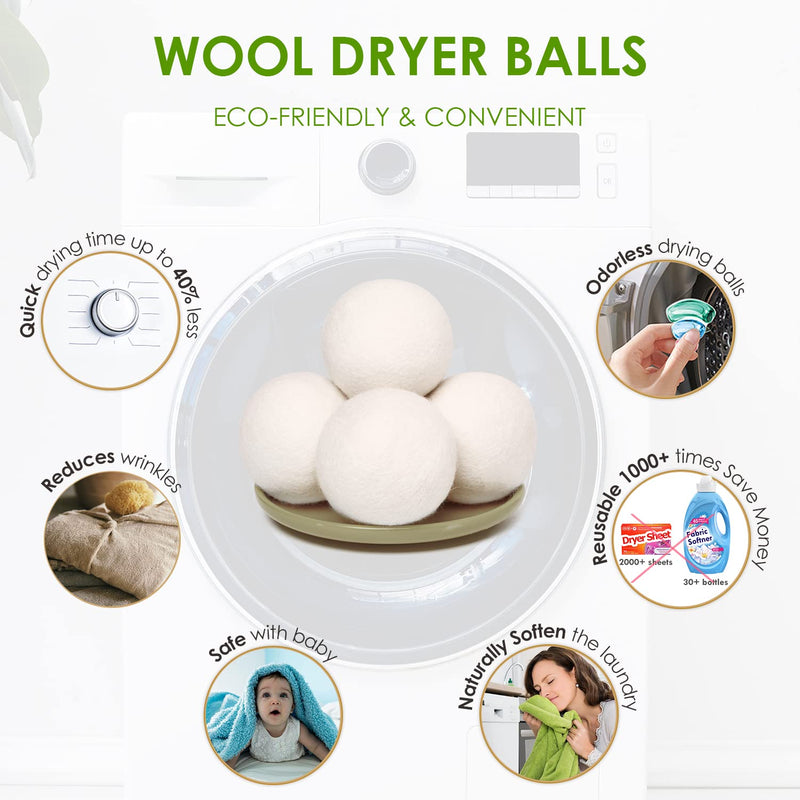 Wool Dryer Balls Organic 4 Pack XL,Laundry Dryer Balls,100% New Zealand Wool Natural Fabric Softener,Reusable 1000 Loads,Shorten Drying Time & Reduces Wrinkles,Baby Safe(4 Pack) White