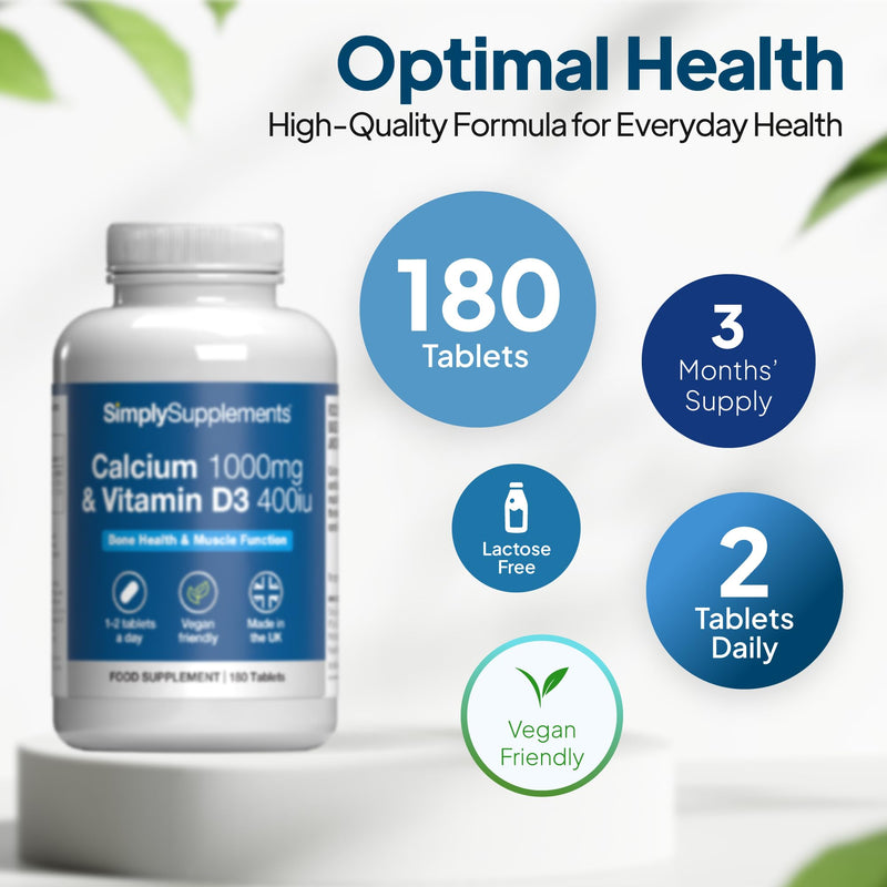 Calcium 1000mg & Vitamin D3 400iu | Supports Bone & Teeth Health | Contributes to Normal Muscle Function | Vegan & Vegetarian Friendly | 180 Tablets = 3 Months’ Supply | GMP-Certified & UK-Made Unflavoured 1 count (Pack of 180)