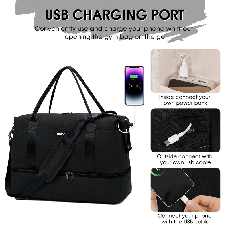 WANDF Personal Item Travel Bag, Carry On Weekender Bag for Women | 18x14x8 inches, Frontier Underseat Fit, Shoe Compartment, Weekend Overnight Trips Black