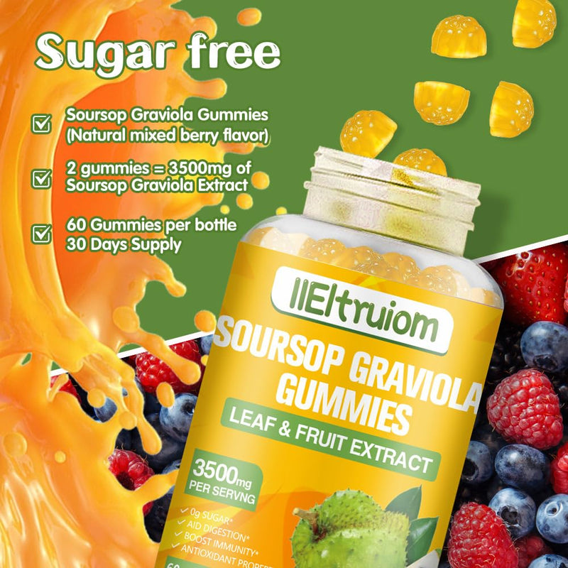 Soursop Gummies for Adults, Organic Soursop Leaves and Fruit Extract with Vitamin C, Zinc, 3500mg Soursop Graviola for Immunity, Digestive Aid & Antioxidant Boost, Sugar/Gluten Free(30 Servings)