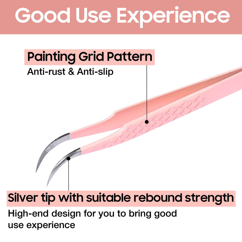Fiber Tip Lash Tweezers for Eyelash Extensions, Professional Stainless Steel Lash Extension Tweezers for Volume Fan, Precision Supplies Work Best Tool（Curved） Curved Pink
