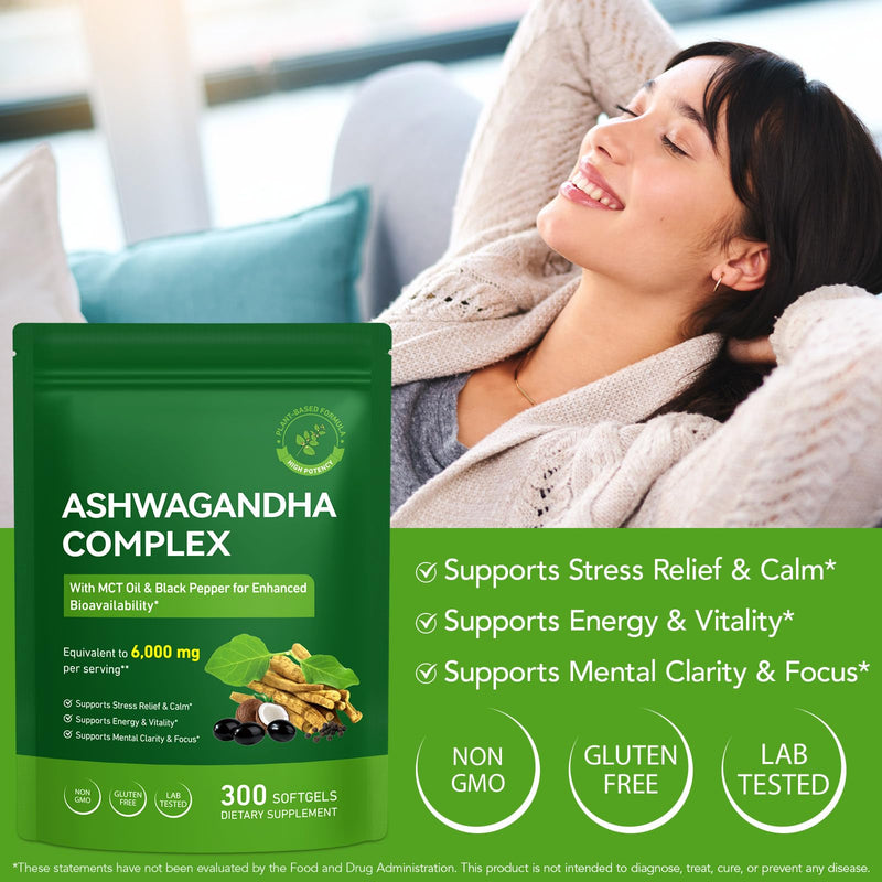 Ashwagandha 6000mg 300 Softgels, Ashwagandha KSM 66 Complex & Black Pepper Extract, High Absorption Supplement for Stress Relief, Mood, Focus & Vitality Support-Non GMO, Gluten Free