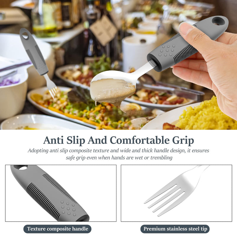 4 Pcs Adaptive Utensil Set Nonslip Easy Grip Cutlery for Adults Include Heavy Stainless Steel Spoon, Fork, Knife, Arthritis Aid Silverware for Elderly and Persons with Shaking Hands