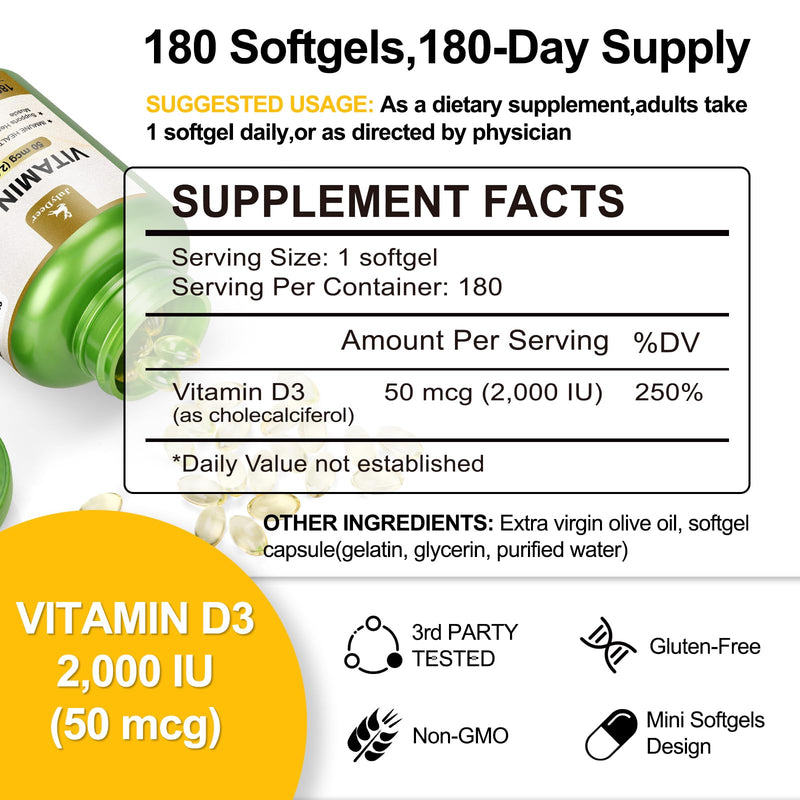 JulyDeer Vitamin D3 2000 IU (50 mcg) 360 Softgels | Supports Immune, Calcium Absorption & Bone Strength | Essential for Healthy Bones, No-Gluten, VD Daily Supplements Health 360 Count (Pack of 2)