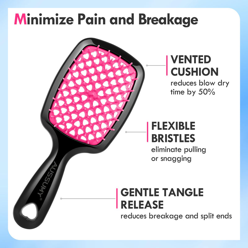 4 Pack Vented Detangling Hair Brush - Detangler Hairbrush with Soft Bristles for Effortless Tangle Free - Ideal for Wet Dry or Curly Damaged Hair for Women Men Kids 4 Pack Vented Hair Brush Black+Black+Black+Black