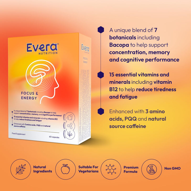 Focus & Energy, 60 Capsules | Supports Concentration, Memory & Cognitive Function | Helps Reduce Tiredness & Fatigue | 7 Botanicals + 15 Essential Vitamins & Minerals