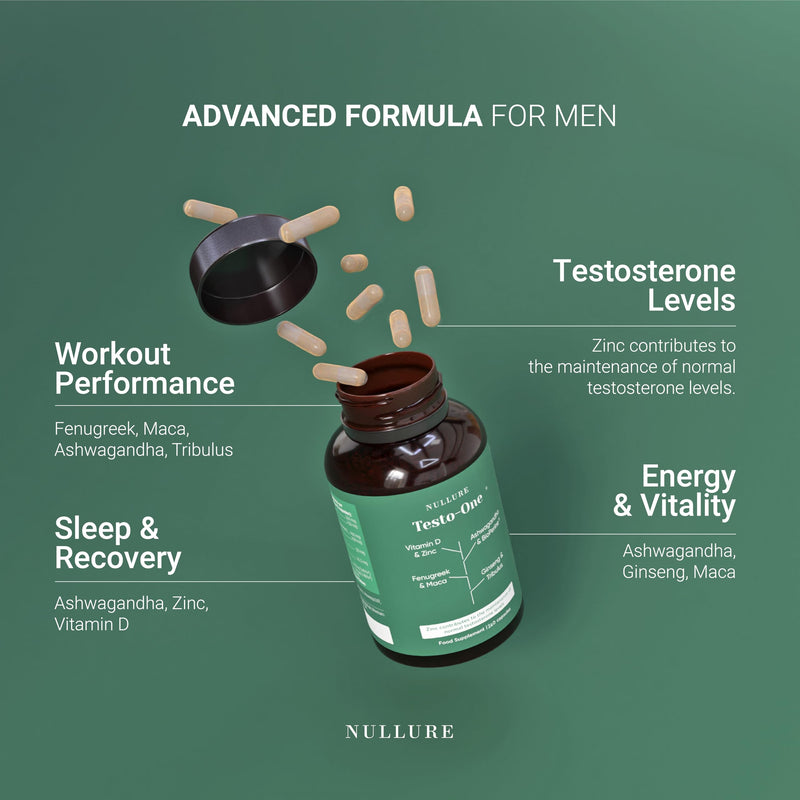 Nullure Testo-One | Tribulus Maca Ashwagandha | Third-Party Tested in Germany | Vegan & No additives I Mens Health Supplements for Men | 240 Caps (4 Months) I Made in Barcelona 240 count (Pack of 1)