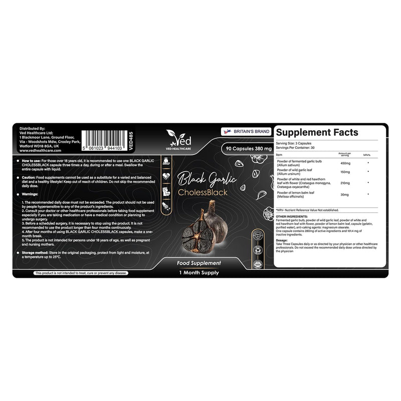 VED CholessBlack, 90 Capsules, Fermented & Odorless Black Garlic Supplement with White & Red Hawthorn, Wild & Lemon Balm Leaf, Non-GMO, Halal, 3 Capsules per Day