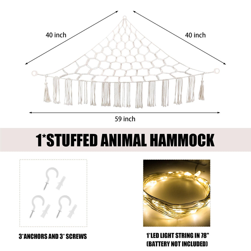 [Australia] - Stuffed Animal Hammock with LED Light, Toy Hammock for Stuffed Animals Storage for Kids Room Decor, Stuffed Animal Hammock Corner, White Large-(Package of 1) 