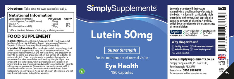 [Australia] - Lutein 50mg - 180 capsules - Suitable for vegans - Supply for up to 6 months - SimplySupplements 