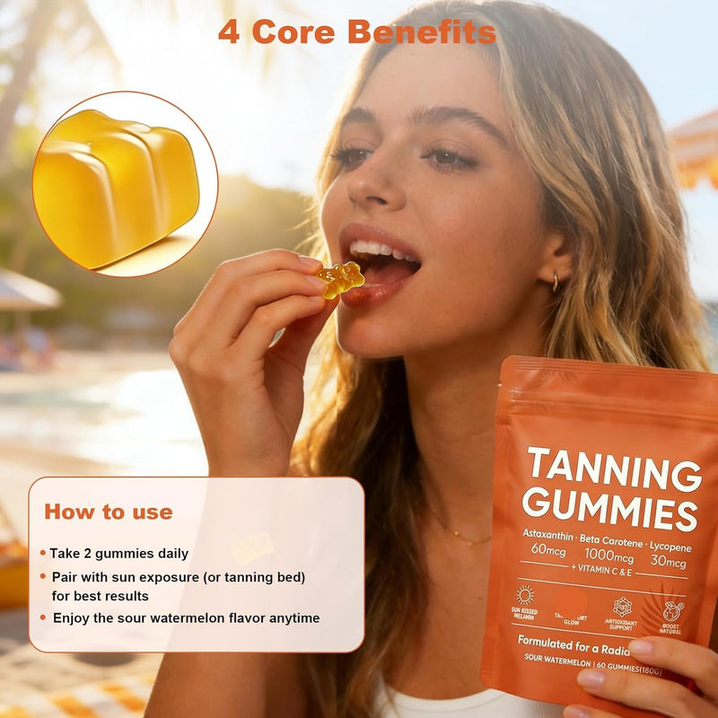 2026 New Skin Tanning Gummies for Women, Astaxanthin, Beta Carotene & Lycopene Blend with Vitamins C & E, Radiant Healthy Skin, Sour Watermelon Flavor, Vegan & Sugar-Free, 60 Count. (1 Pack)