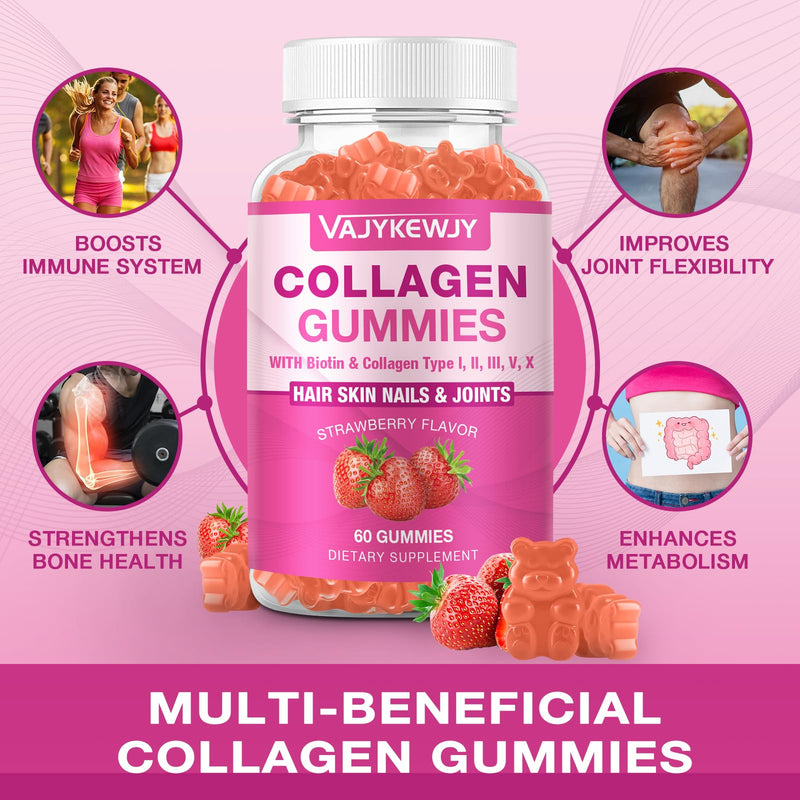 Vegan Collagen Gummies for Women & Men - with Biotin, Vitamin C, & Zinc for Skin Radiance, Hair Growth, Strong Nails, & Joint Support, 60 Count 1pack