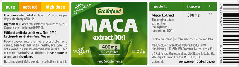 Highland Maca, Root Extract (10:1), 400 mg, high dose, 120 Capsules. Vegan
