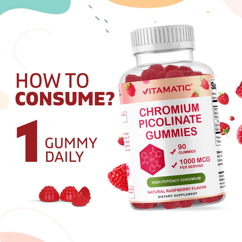 [Australia] - Vitamatic Chromium Picolinate 1000 mcg - 90 Gummies - High Potency Chromium - Raspberry Flavor 90 Count (Pack of 1) 