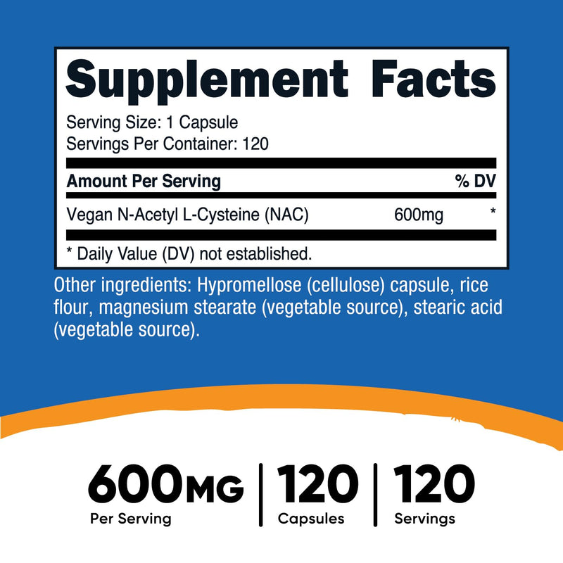 Nutricost N-Acetyl L-Cysteine (NAC) 600mg, 120 Vegetarian Capsules - Non-GMO, Gluten Free, Vegetarian Caps