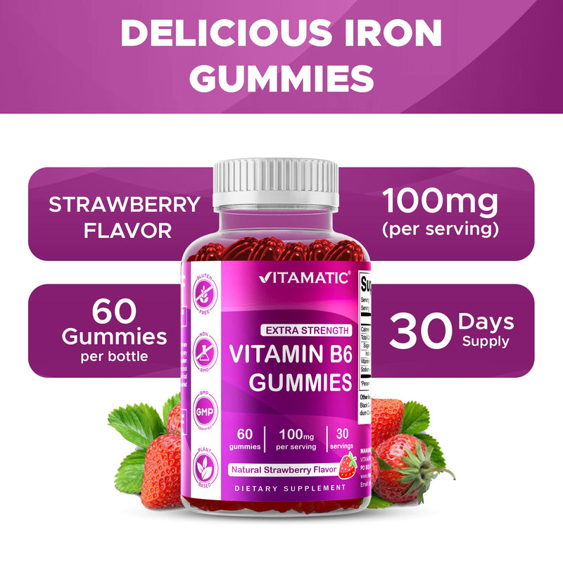 Vitamatic 2 Packs Vitamin B6 100mg Gummies – Natural Strawberry Flavor – 60 Pectin-Based Gummies per Bottle – Nervous System & Energy Support 120 Count (Pack of 1)