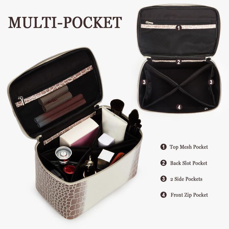 Travel Makeup Bag Vanity Case for Women Crocodile Cosmetic Bag Makeup Case Leather Travel Toiletry Bag Organizer White