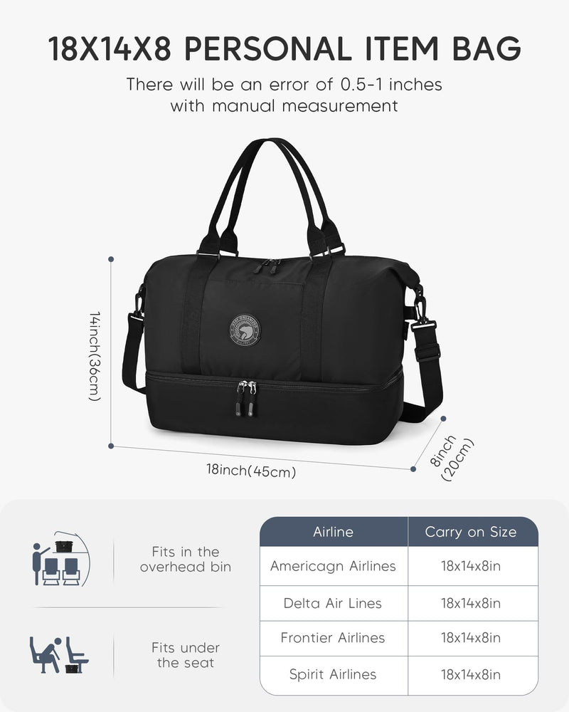 TSA Approved Spirit Frontier Airlines Personal Item Bag 18x14x8 with Shoe Compartment Tote Carry on Weekender Overnight for Women Men Black 18x14x8 inch
