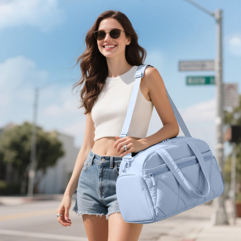 Women's Duffle Gym Bag, Carry-On Shoe Compartment for Weekender Overnight | Travel Sport Hospital Workout Personal Item Luggage Diaper Water Resistance Essentials Wet Pocket Navy Blue Small Medium
