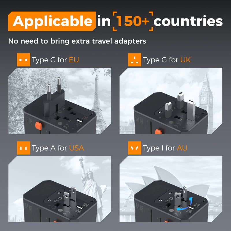 TESSAN Universal Travel Adapter, GaN 65W, Black | International Power Adapter, 5 USB Ports (3 USB C), Worldwide Plug Adaptor Cool black