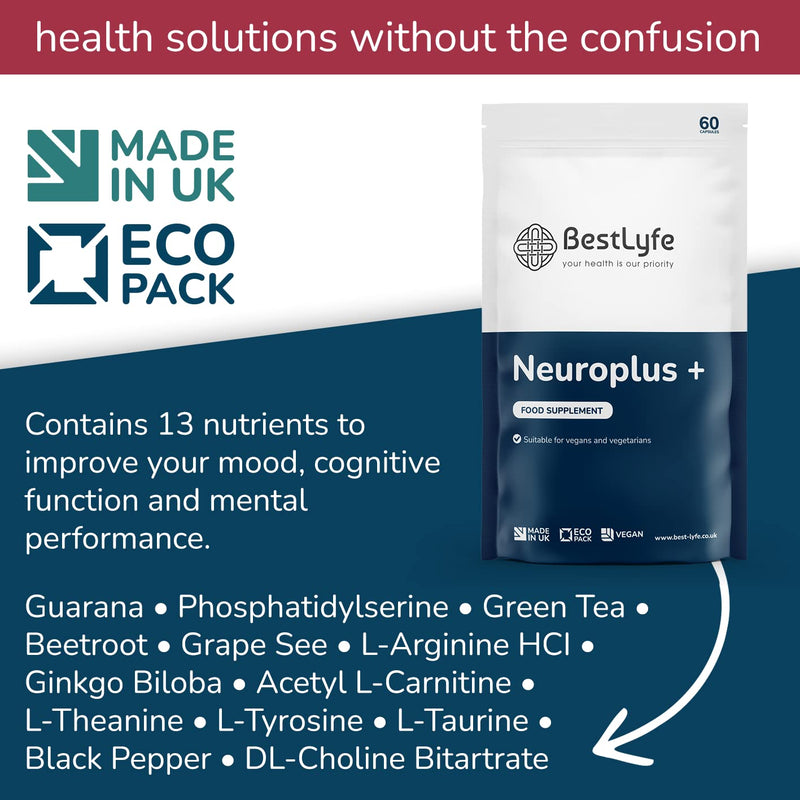 BestLyfe Neuroplus+ | 60 Vegan Caps | 13 Nootropic Ingredients | Brain Supplement and Function | Acetyl L Carnitine | Green Tea | Alpha Brain | Ginkgo Biloba | L-Theanine | Nootropics | Brainzyme