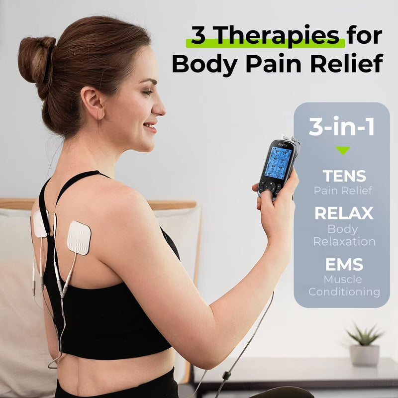 AUVON 3-in-1 TENS Unit Muscle Stimulator, 40 Levels for Gradual Pain Relief | EMS Massage Machine, Drug-Free for Shoulder, Sciatica, Back Pain Relief, 24 Modes Electronic Pulse Massager, 12 TENS Pads A Dark Grey