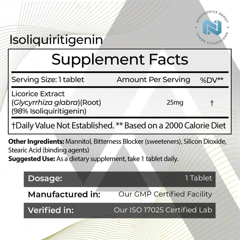 [Australia] - Isoliquiritigenin Controlled Dissolve Tablets | 60 Count | 25mg | Licorice Extract | Glycyrrhiza glabra | Mood, Relaxation, and Energy Support 60 Count (Pack of 1) 