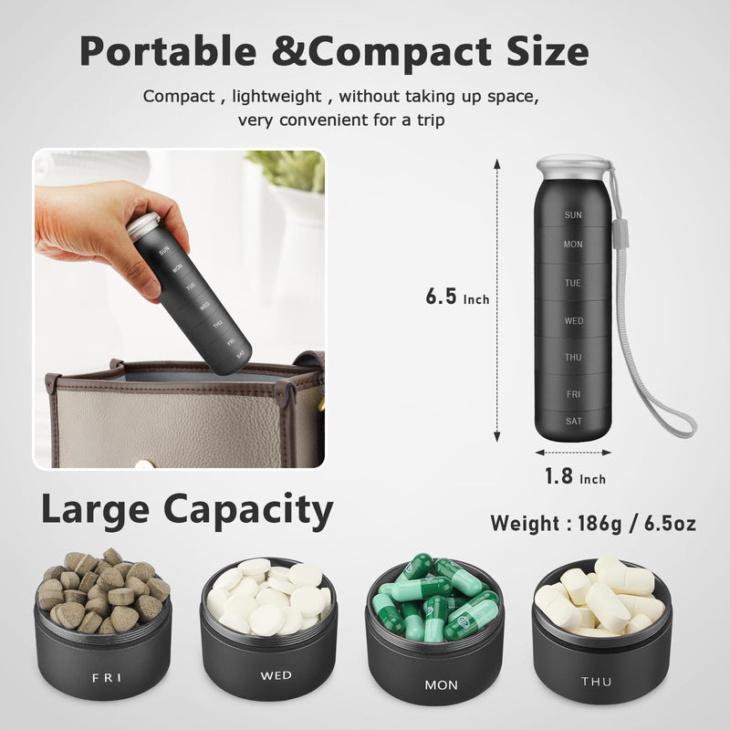 Metal Weekly Pill Organizer, Waterproof Container (Black) | Portable Travel 7 Day，Large Pill Case, Aluminum, Metal, Hold Vitamins, Cod Liver Oil, Supplements and Medications Black