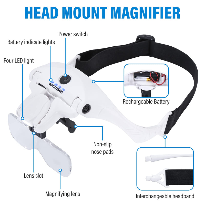 [Australia] - YOCTOSUN Magnifying Glasses with 4 LED Lights, Headband Magnifier with 5 Detachable Lenses 1X, 1.5X, 2X, 2.5X 3.5X -Rechargeable Hands Free Lighted Head Magnifier Glass for Crafts, Cross Stitch, Hobby White 