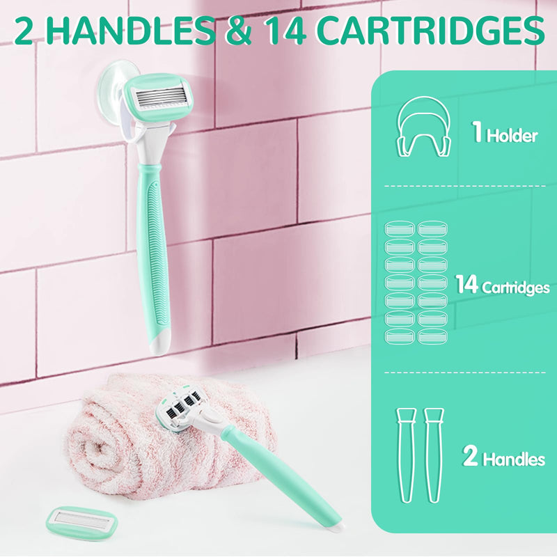 Razors for Women Include 2 Non-Slip Handles and 14 Blade Refills with a Shower Holder, 5 Premium Blades Women's Razors for Shaving with 360° Lubrication Reduces Irritation, Green