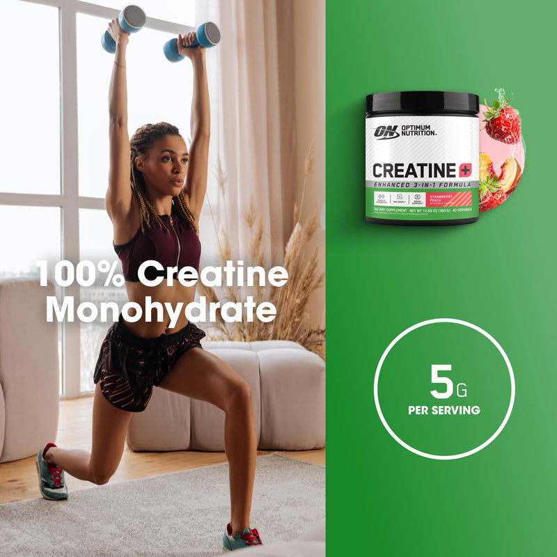 [Australia] - Optimum Nutrition Creatine Monohydrate Plus Powder, Strawberry Peach Flavored Creatine Performance Blend, with Electrolytes for Hydration, Added Vitamins, 40 Servings, 360 Grams (Packaging May Vary) 360 Gram (Pack of 1) 