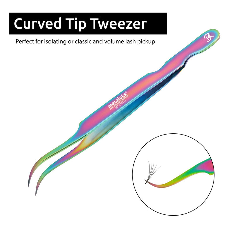 2Pcs Eyelash Extension Tweezers Set Made of Japanese Stainless Steel with Pouch (Multi Titanium Coated) Multi Titanium Coated