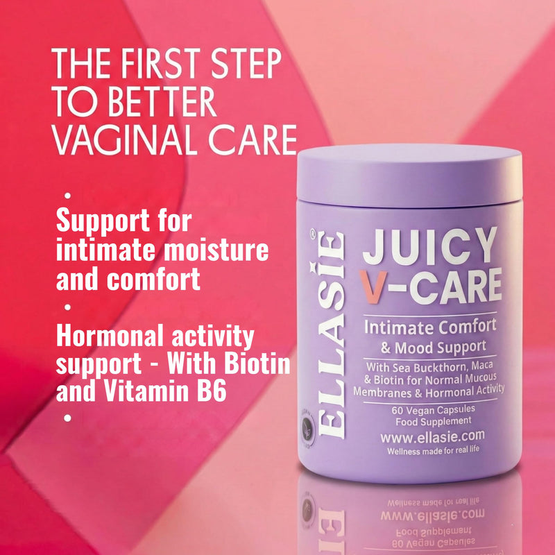 Juicy V Care Capsules Supplement Vaginal Moisture Support and Hormonal Activity Support Biotin for Normal Mucous Membranes Vitamin B6 Zinc Sea Buckthorn Maca Fenugreek Saffron 60 Vegan Caps