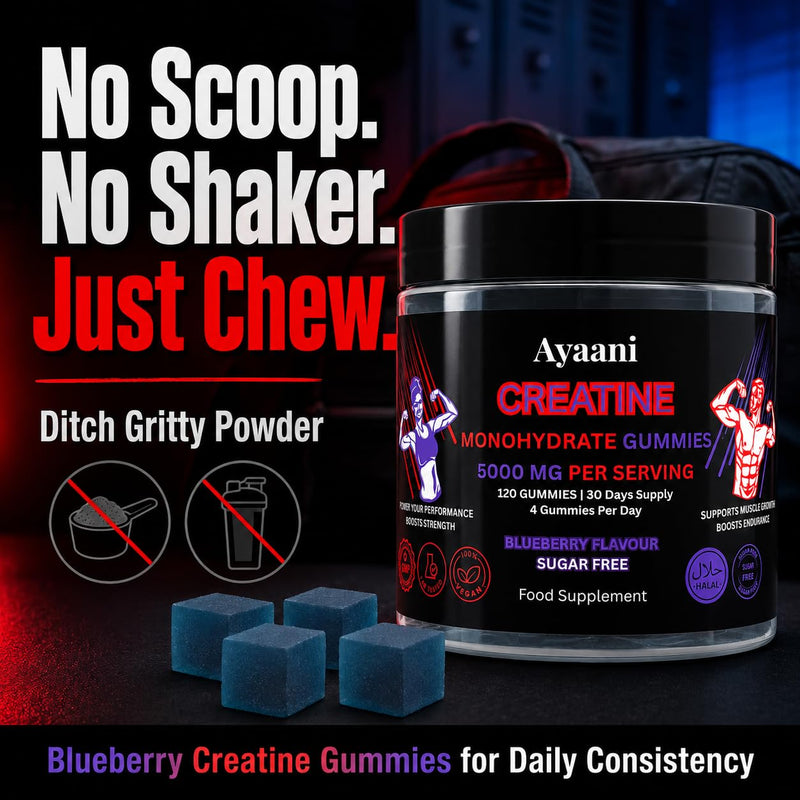 Creatine Gummies 5000mg | Real 5g Lab-Tested Creatine Monohydrate Dose | Sugar Free Vegan Halal Blueberry Gummies | No Powder, Scoop or Shaker | Strength, Power & Muscle Gains | 120