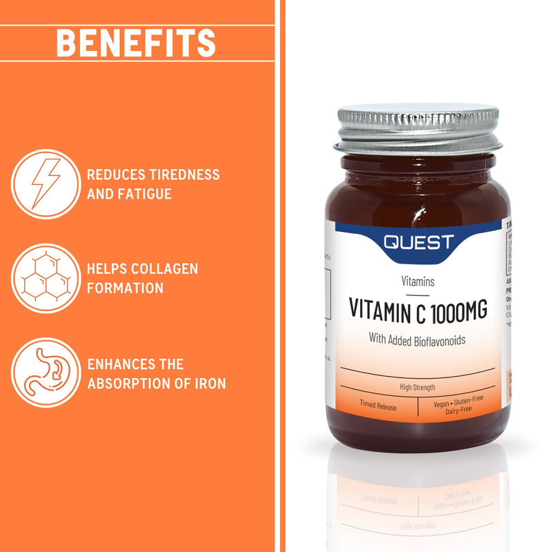 Quest - High Strength Vitamin C 1000mg with Bioflavonoids. Time Release Vitamin C Supplements for Immune Support, Collagen Production and Iron Absorption. Vegan & Gluten-Free (90 Tablets)