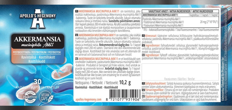 Akkermansia muciniphila 20 mg – 30 Vegan Capsules | 30-Day Supply – Gut Microbiome Support & Metabolic Support – Apollo's Hegemony