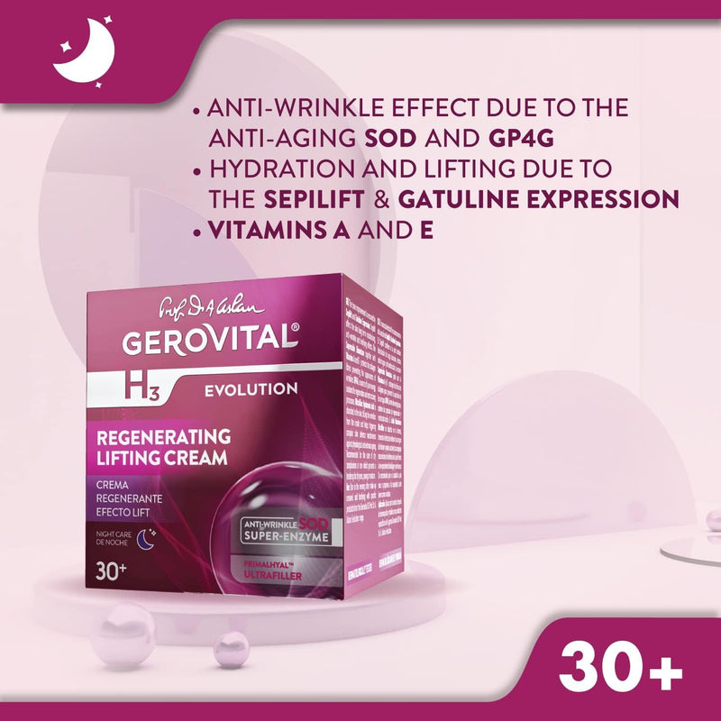 Gerovital EVOLUTION Regenerating Lifting Cream Night Care with Superoxide Dismutase SOD (Anti-Aging Super Enzyme), Ultrafiller Hyaluronic Acid with Wrinkle Filling Effect, 50 ml